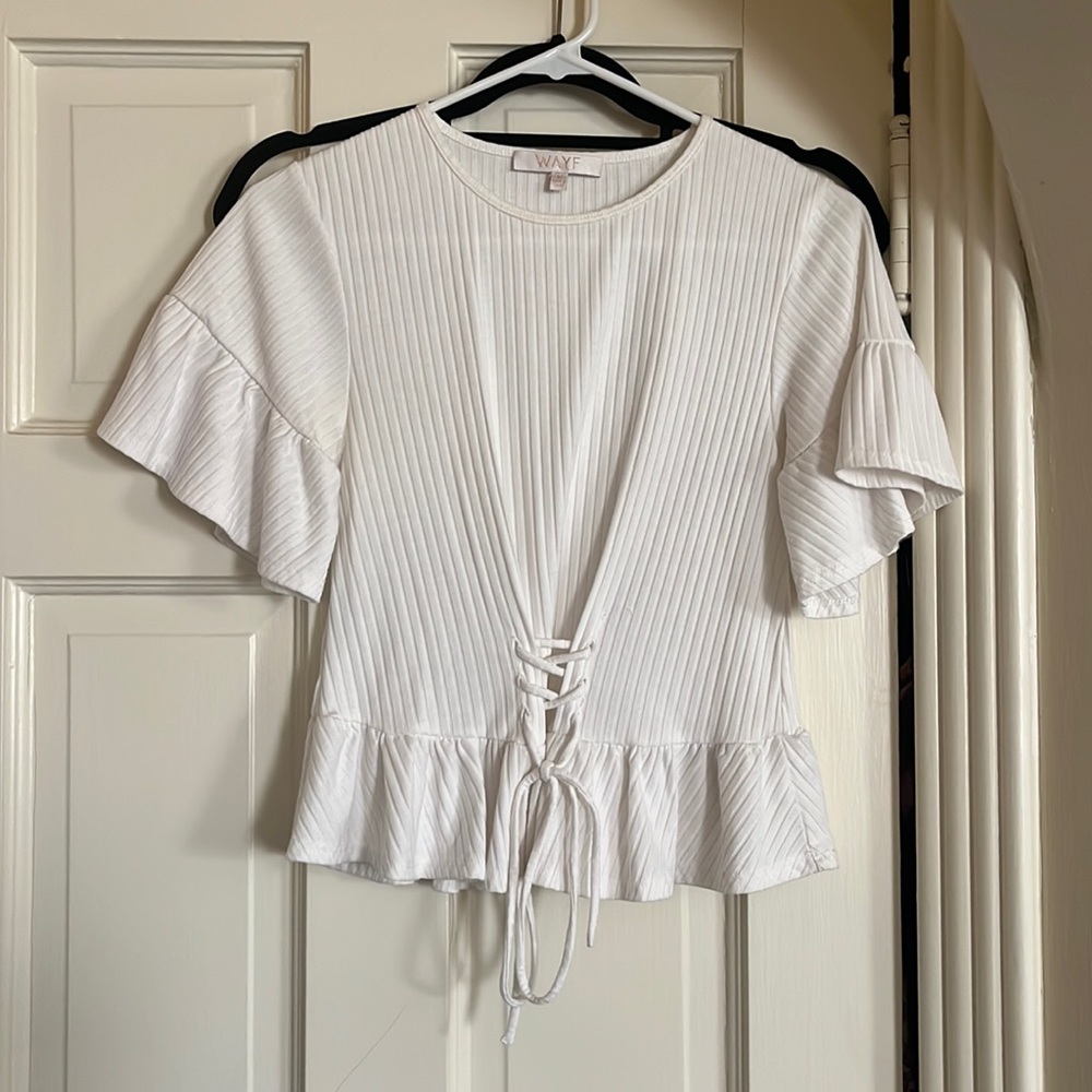 Tie front white ribbed shirt